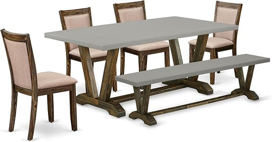 East West Furniture V797MZ716-6 6 Piece Kitchen Table Set Contains a Rectangle Dining Table with V-Legs and 4 Dark Khaki Linen Fabric Parson Chairs with a Bench, 40x72 Inch, Multi-Color