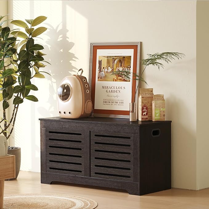 DINZI LVJ Storage Chest, Flip-Top Wooden Toy Box with 2 Safety Hinges, Entryway Shoe Storage Bench, Sturdy Large Storage Trunk for Living Room, Bedroom, Easy Assembly, Espresso