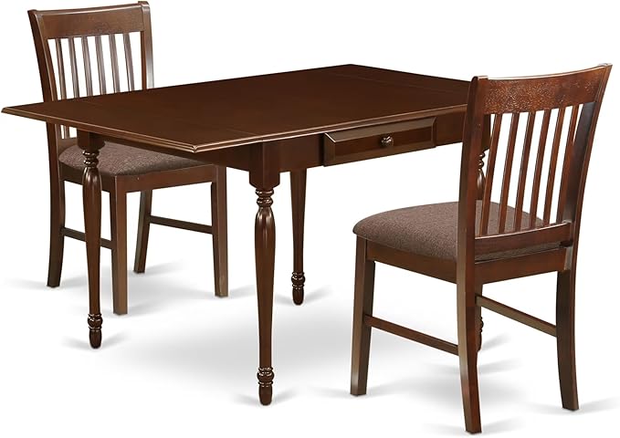 East West Furniture MZNO3-MAH-C 3 Piece Dinette Set for Small Spaces Contains a Rectangle Dining Table with Dropleaf and 2 Linen Fabric Dining Room Chairs, 36x54 Inch, Mahogany