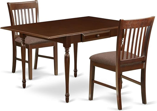East West Furniture MZNO3-MAH-C 3 Piece Dinette Set for Small Spaces Contains a Rectangle Dining Table with Dropleaf and 2 Linen Fabric Dining Room Chairs, 36x54 Inch, Mahogany