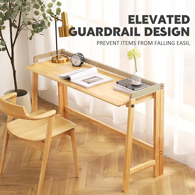 Solid Wood Folding Desk Mid Century Modern Table, 47'' Foldable Writing Computer Desk for Home Office, Simple Study Makeup Workstation, Wooden Study Office Desk Table for Small Spaces, Natural Color