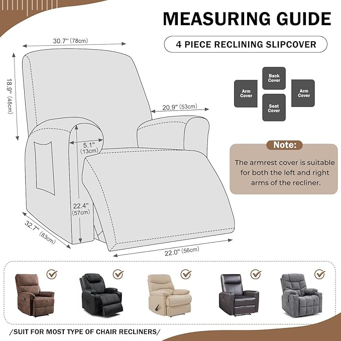 vctops 4 Pieces Geometric Jacquard Plush Recliner Slipcovers Soft Fuzzy Fluffy Sofa Couch Cover Anti-Slip Furniture Protector with Elastic Bottom for Kids Cats Dogs(Brown,1 Seat)
