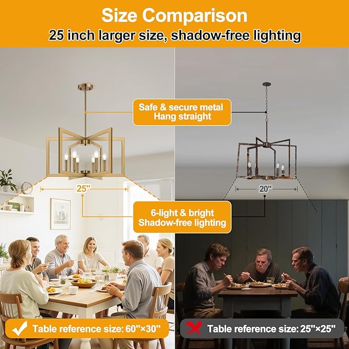 25" Modern Brass Chandelier for Dining Room (6-Light, 25-Inch), Geometric Brass Dining Room Light Fixture Over Table, Industrial Metal Hanging Pendant Lights for Kitchen Island, Entryway, Foyer