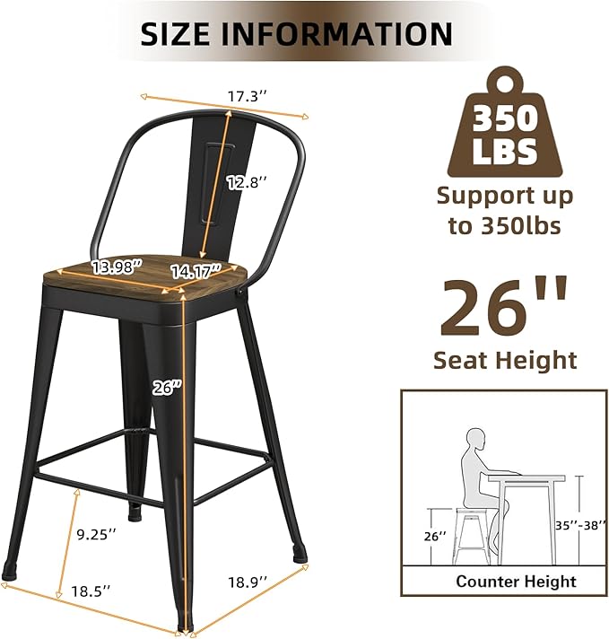 Metal Bar Stools Set of 4, High Back Bar Stools with Wooden Seat, 26 inch Black Barstools for Kitchen Island