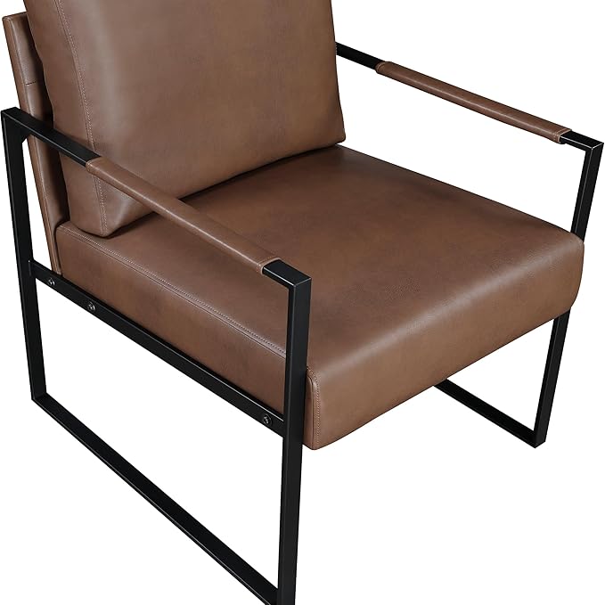 Lexicon Modern Accent Chair, Faux Leather Upholstered Living Room Chair with Wrapped Armrests, Arm Chair with Black Metal Frame, Comfy Single Chair for Living Room/Bedroom/Reading Room/Office, Brown