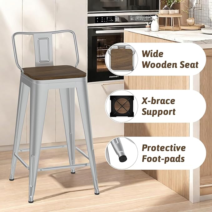 30 Inch Swivel Bar Stools Set of 4, Counter Height Bar Stools with Low Back, Metal Industrial Bar Chairs for Kitchen Island (Silver)