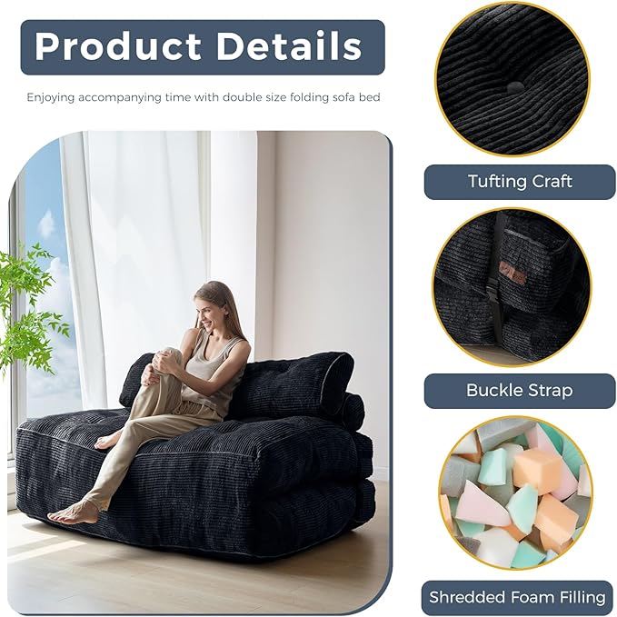 MAXYOYO Folding Sofa Bed, Convertible Sleeper Chair with Pillow Foldable Matress with Back Support, Portable Fold Out Chair Bed Comfy Floor Sofa Lounge for Living Room Bedroom, Black Double