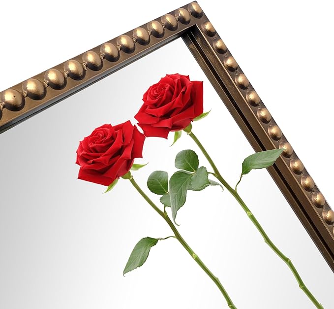 ironsmithn Gold Arched Mirror, 20"x32" Ornate Beaded Frame Mirror, Metal Decorative Accent Mirrors for Fireplace Bedroom Bathroom Living Room Entryway