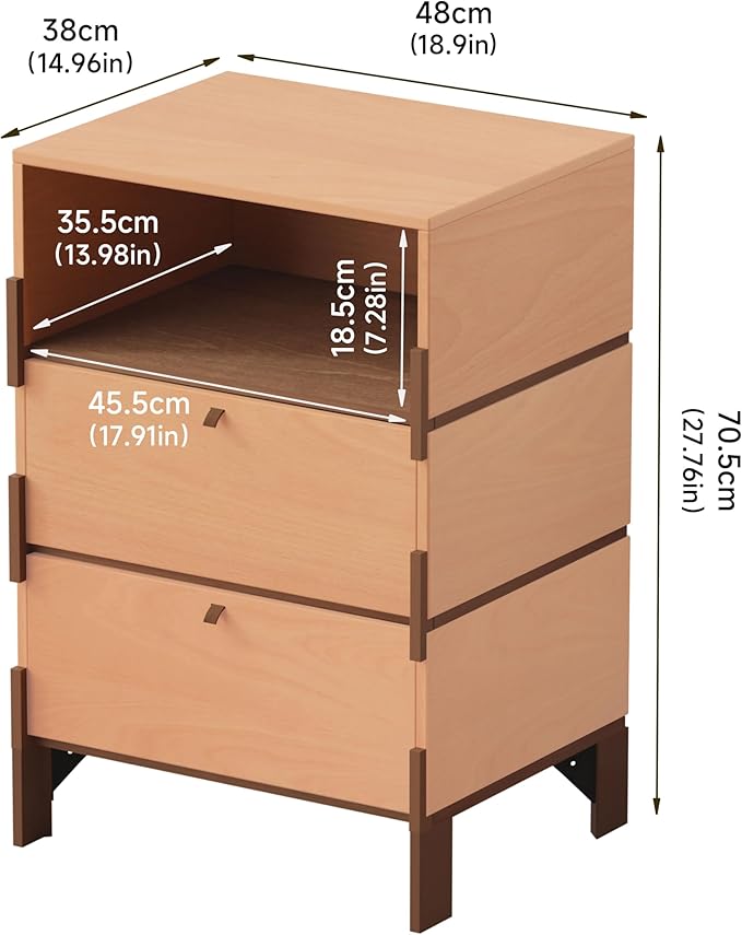 Sebastack End Table, Customizable 3 Drawers Bedside Table, Night Stand, Side Table for Bedroom, Dormitory, Mid-Century Style Wood Chest of Furnitures, 27.8 inch Tall Beech Color