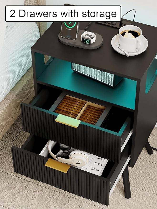 Nightstand, Modern Bedside Table with 2 Storage Drawer and Open Wood Shelf for Bedroom and Small Spaces, Night Stand with Solid Wood Legs (Black-Outlet)