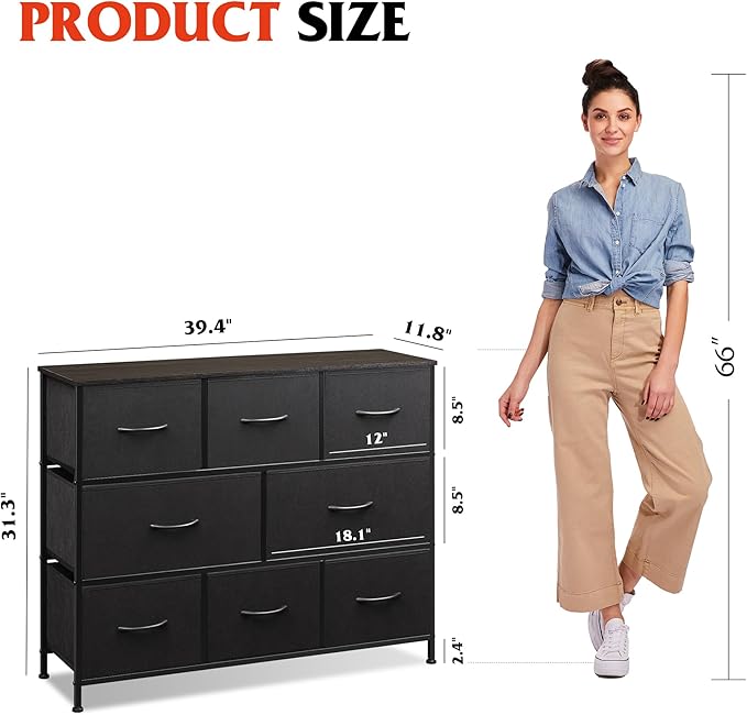 WLIVE 8 Drawer Dresser for Bedroom, Fabric Black Dresser with Large Storage Drawer Unit for Entryway, Chest of Drawers for Living Room