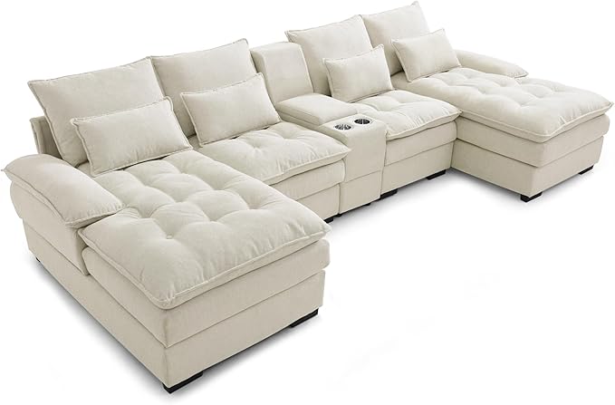 130" U-Shaped Sectional Sofa with Storage Console & Cup Holders, Upholstered 6 Seat Living Room Sleeper Couch Furniture Set w/Chaise, Cloud Cushion Couch for Home, Office, Apartment,Beige