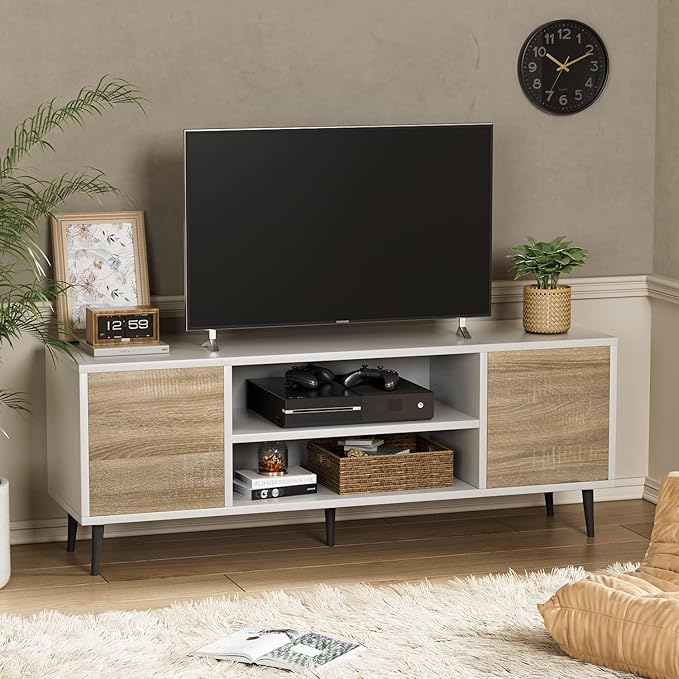 YESHOMY Modern TV Stand for 65" Television, Entertainment Center with Two Storage Cabinets and Open Shelves, Retro Style Media Console for Living Room, Bedroom, Office, 58 Inch, White and Oak