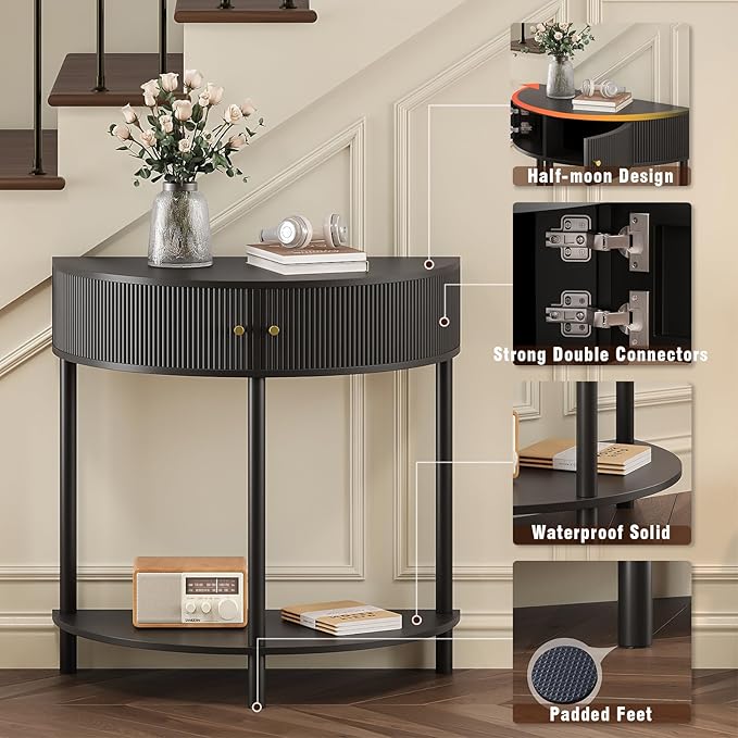 Fluted Half Moon Console Table 2 Tier Narrow Entryway Table with Storage for Small Space Modern Wood Sofa Table with Doors and Gold Knobs Boho Home Decor