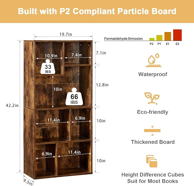 VECELO 42 Inch High Bookcase, 4-Tier Modern Storage Cabinet with Height Difference Shelves for Standard Textbooks, Floor Standing, 7 Cubes, Horizontal Available, Easy Assembly, Rustic Brown