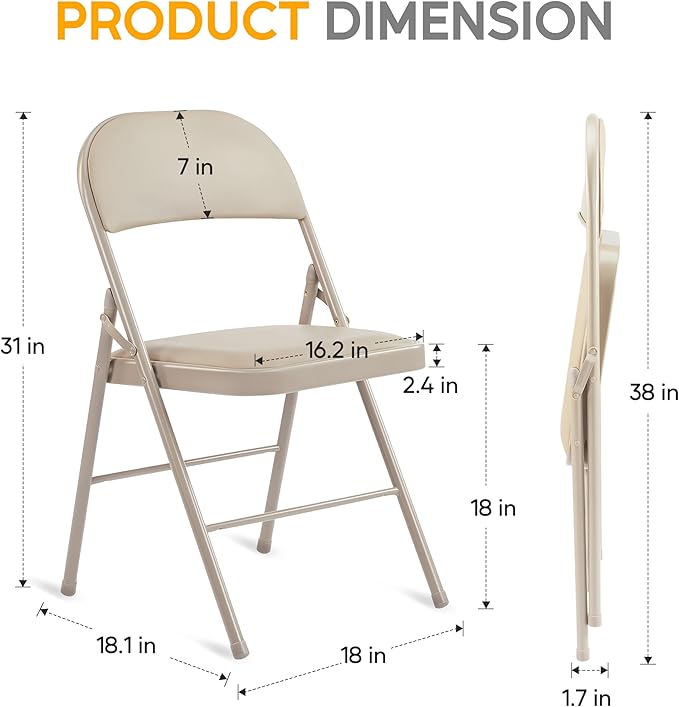 HealSmart 4 Pcs Folding Chairs with Leather Padded Cushion Seats, Back & Sturdy Metal Frame, Stackable, Portable, Commercial Event Seat, Indoor Outdoor for Parties, Home Event, Office, Tan