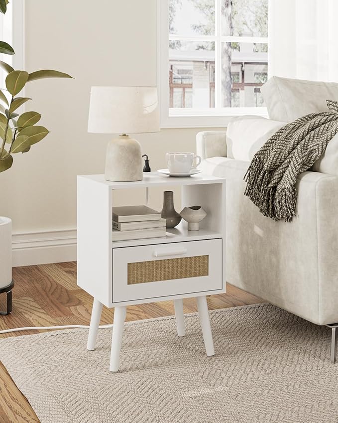 Bedroom Nightstands Wooden Night Stands with Rattan Weaving Drawer Home Bedside End Table for Bedroom Storage (Modern-White)