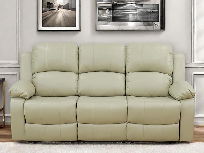 Leather Recliner Sofa Couch, 3-Seater Home Theater Seating Reclining Sofa, Power Reclining Couch with Cup Holders & Drop Down Table for Living Room Furniture Sets, Khaki