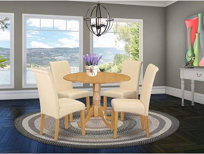 East West Furniture DLBA5-OAK-02 5 Piece Dining Set Includes a Round Dining Room Table with Dropleaf and 4 Light Beige Linen Fabric Upholstered Parson Chairs, 42x42 Inch, Oak