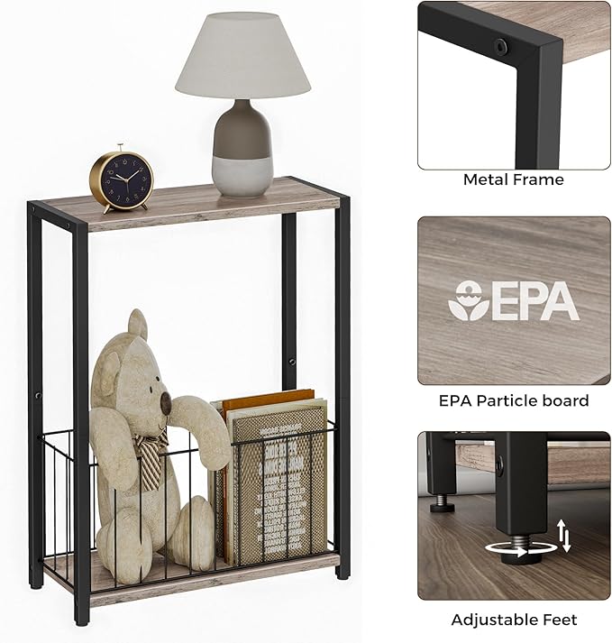 Narrow Side Table with Magazine Holder, Skinny End Table Perfect for Small Spaces, Space-Saving Design for Living Room, Bedroom, or Office, 7.1" D x 16.9" W x 23.6" H, Greige