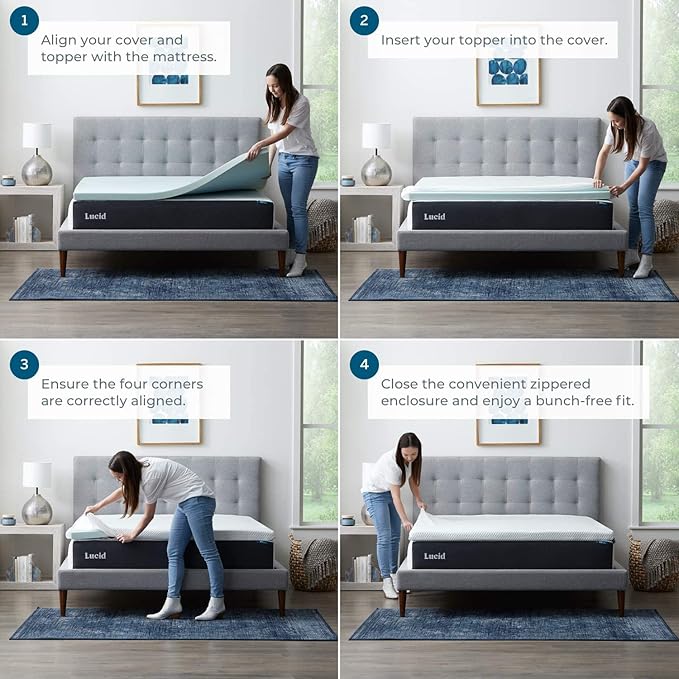 LUCID 2 Inch Gel Memory Foam Mattress Topper with Cover - Full Size - CertiPur-US Certified - White