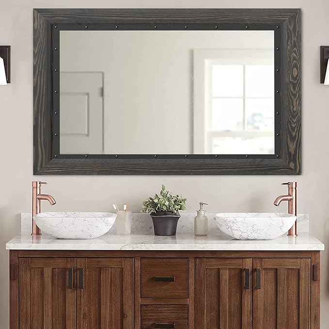 YOSHOOT Rustic Wooden Framed Wall Mirror, 40x30 Inch, Natural Wood and Iron Bathroom Vanity Mirror for Farmhouse Decor, Vertical or Horizontal Hanging