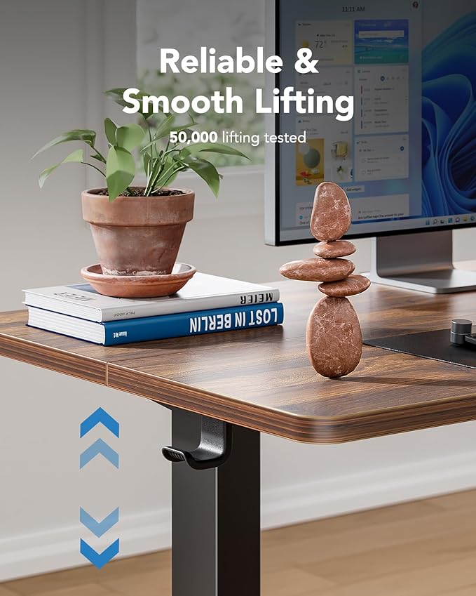 HUANUO 48" x 24" Electric Standing Desk Adjustable Height, 4 Memory Height Settings, Headphone Hook, Cable Manager, Sit Stand Up Desk for Home Office & Computer Workstation, Walnut
