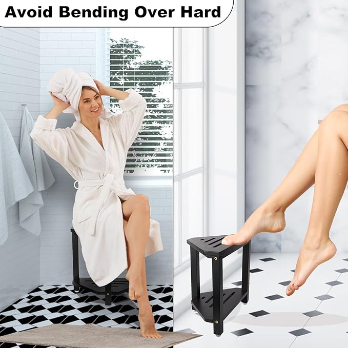 IBosins Corner Shower Stool with Storage Shelf Shower Foot Rest for Shaving Legs Small Bench for Inside Shower to Sit on Bath Seat - Acacia Wood, Black