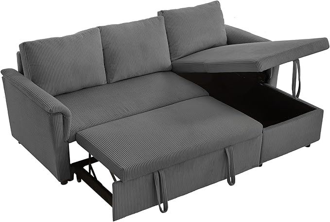Ball & Cast Reversible Sectional Sofa Couch,L-Shape Sleeper Sofa Bed with Storage Chaise Pull Out Couch for Living Room | Hidden Storage | Pull Out Bed | Removable Backrest | Corduroy Fabric,Gray