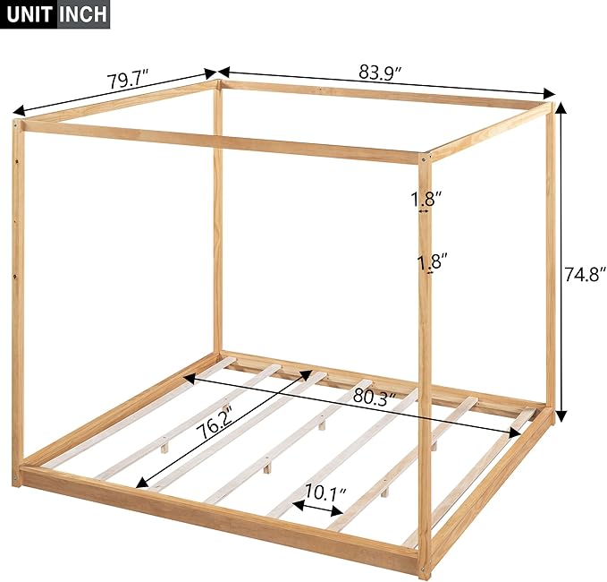 King Size Canopy Platform Bed with Support Legs,Solid Wood Bed Frame,4-Post Canopy-Platform-Bed for Kids Teens Adults, No Box Spring Needed,Natural