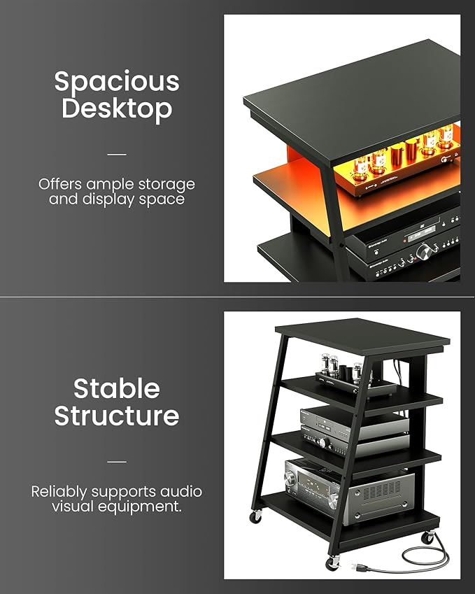 4-Tier AV Media Stand with Wheels, Stereo Stands, Media Console Shelf with Power Strips, LED Lights, Wooden Audio Cabinet Rack Tower for Record Player/Apple TV/ps4, Black TCJ60UDBB