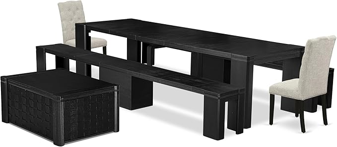 X02EL-2C6-35 - 6-piece Dining Table Set a Dining Table with a coffee Table and 2 wooden Benches and 2 Doeskin Linen Fabric kitchen Chair, 39x120 Inch, Wire Brushed Black