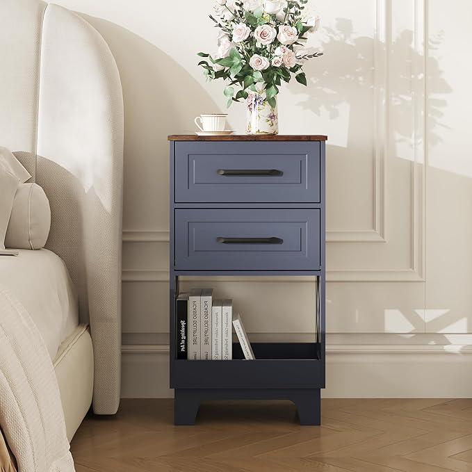 Tall Nightstand Set of 2 Side Table with 2 Drawers Modern Night Stand Wooden Rustic End Table Bedside Table with Below Open Shelf Solid Feet for Bedroom, Living Room, Navy Blue+Walnut
