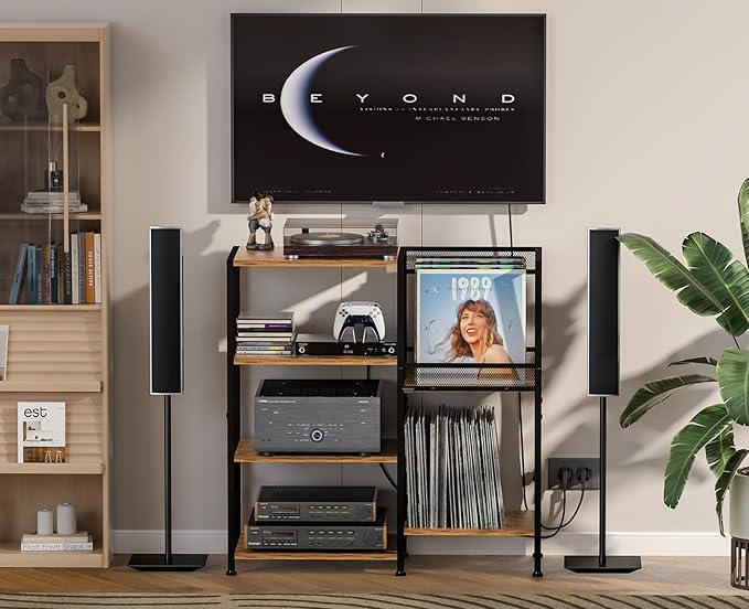 Record Player Stand Table with Vinyl Record Storage Holder-Up to 200+ Albums, Small Media Cabinet Console Table Stereo Stand Tower, Audio Video Shelving/Turntable Stand Shelf for Entertainment Center
