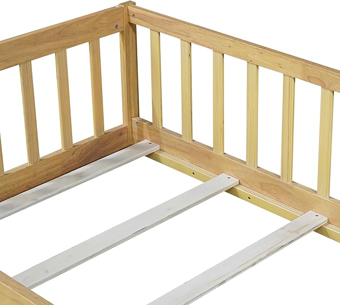 Twin Floor Bed Frame with Slats and Safety Guardrail, Wood Twin Size Montessori Floor Bed with Door and Fence, Easy Assemble Montessori Beds for Kids, Girls, Boys, Natural