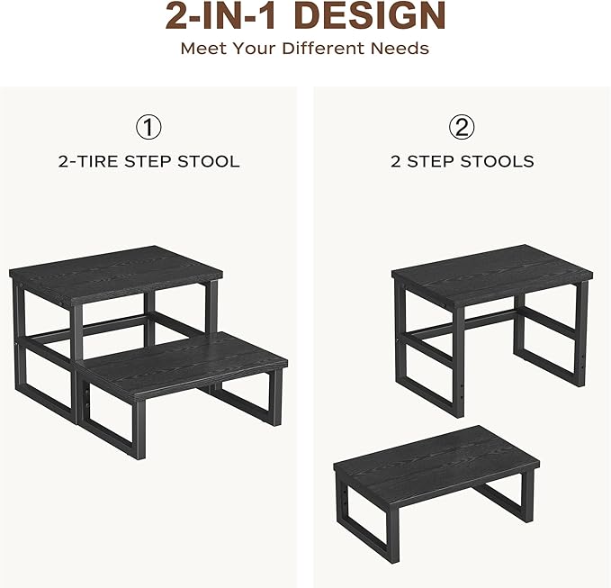Homeiju 3 in 1 Step Stools for Adults Kids Toddler, Heavy Duty Wooden Step Stool with Non-Slip Pads, 2 Tire Step Stool for Kitchen Bathroom Bedroon Stepping Stool, Black