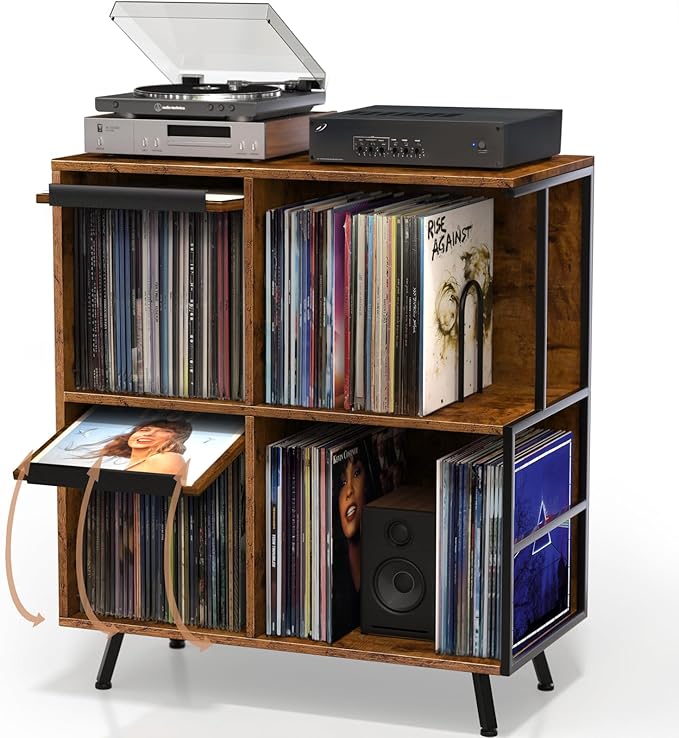 3 Tier Record Player Stand, Flip Top Record Player Cabinet, Mid Century Record Player Table with Shelves Holds up to 300+ Albums, Vinyl Record Storage with 4 U-Dividers for Living Room Bedroom, Brown