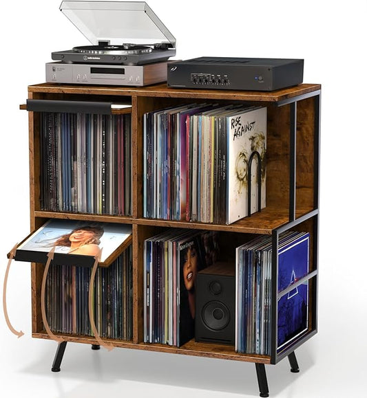 3 Tier Record Player Stand, Flip Top Record Player Cabinet, Mid Century Record Player Table with Shelves Holds up to 300+ Albums, Vinyl Record Storage with 4 U-Dividers for Living Room Bedroom, Brown
