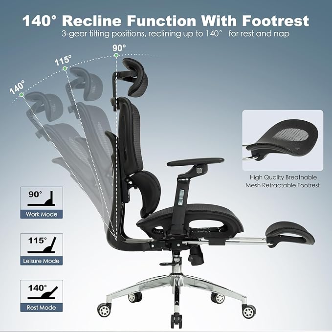 Ergonomic Mesh Office & Gaming Chair with Footrest, High Back Home Office Desk Chair, Comfortable 3D Lumbar Support, 130° Tilt, Adjustable Seat Depth, Adjustable 6D Armrest & 3D Headrest