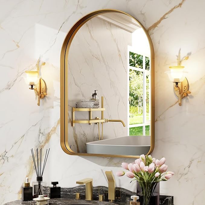Arched Bathroom Mirror - 30x20 Inch Gold Bathroom Mirror for Wall - Aluminum Alloy Framed Mirror - Arched Top Bathroom Vanity Mirror for Living Room, Bedroom, Mantel, Entryway, and Hallways