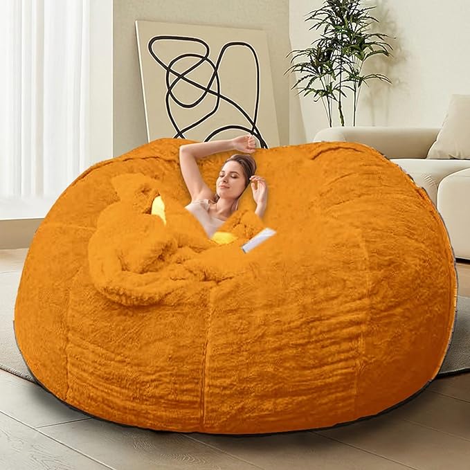 Bean Bag Chair for Adults Kids Without Filling Comfy Oversized Round Lazy Sofa Bean Bag Cover for Stuffed Animal Storage Bedroom Living Room Chairs, 6FT, Orange