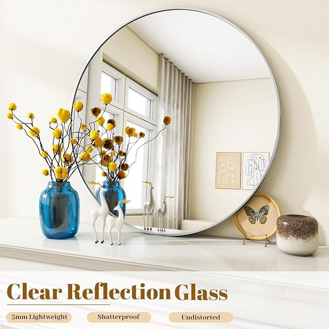 Silver Round Bathroom Mirror, 48 inch Large Circle Wall Mounted Hanging Mirror with Simple Modern Circular Metal Frame for Hallway, Entryway, Living Room, Silver Frame
