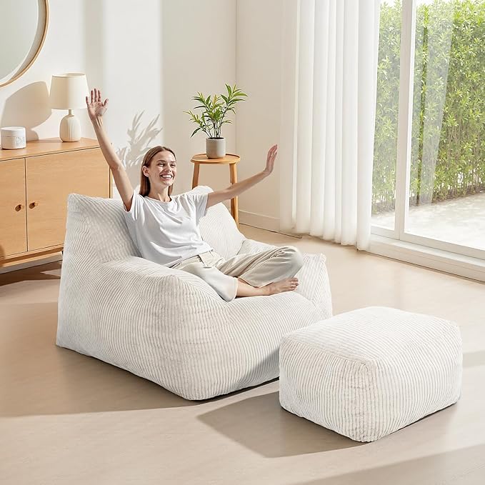 INMOZATA Bean Bag Chair for Adults, 3FT Beanbag Chair with Ottoman Pre-Filled Fluffy Lazy Chair Corded Fabric Accent Chair for Bedroom Living Room Dorm (Ivory)