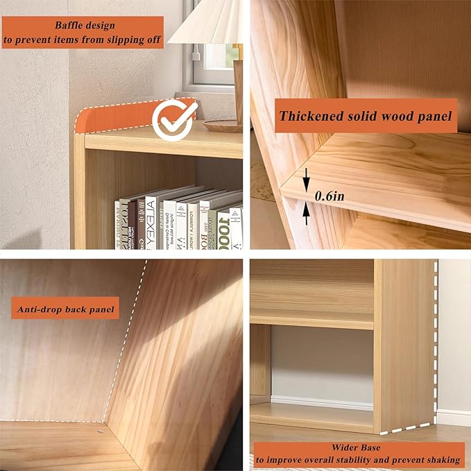 Wooden Extendable Bookcase,Open Low Bookshelf, 4-Shelf Storage Unit, Freestanding Bookcase for Small Spaces or Corners, Stylish Shelves for Living Room and Office (Wood Color, L)
