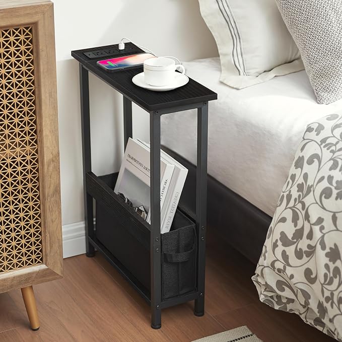 Slim Charging End Table with Storage - for Small Spaces and Bedroom (Black)