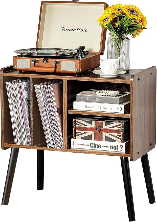 Record Player Table, Mid-Century Record Player Stand with Vinyl Storage Hold Up to 150+ Albums, Vinyl Record Cabinet with Adjustable Shelves, Wood Turntable Stand for Music Living Room (Oak)