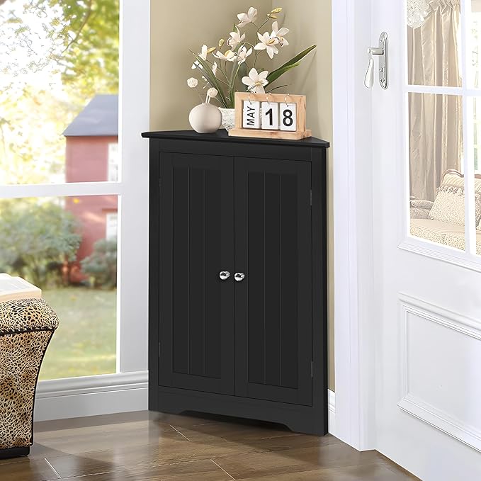 Iwell Corner Cabinet, Corner Bathroom Cabinet with 2 Doors & Adjustable Shelves, for Bathroom, Living Room, Kitchen, Black