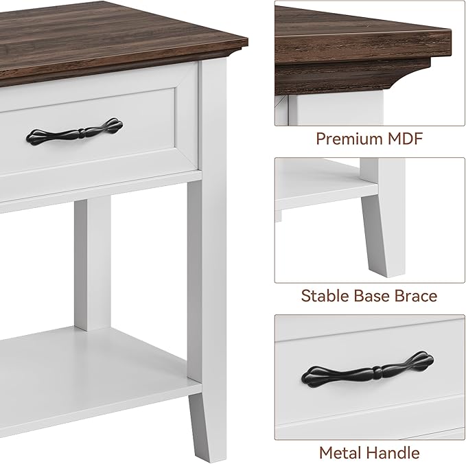IDEALHOUSE Nightstand, End Table with Drawer, Side Table for Spaces, 2 Tiers Storage Shelves with Dresser, Bedside Table for Living Room, Bedroom, Dorm (White)