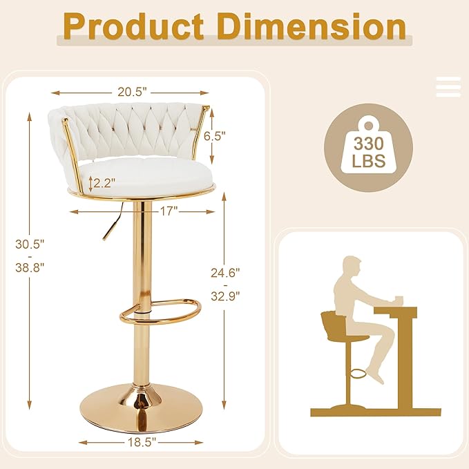 VECELO Bar Stools Set of 2, Adjustable Barstools Counter Height Stools with Back and Arm, Velvet Woven Kitchen Island Stools w/Gold Metal Leg & Base, 360° Swivel Bar Chair for Pubs Dining Room, White