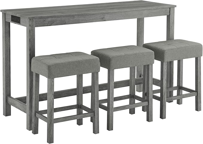 Ball & Cast 4 Piece Kitchen Dining Room Table and Chairs Set, Farmhouse Wooden Counter Height Bar-Sets w/USB Ports & Power Outlet & 3pcs Stools, 59" Sofa-Table Barstool w/Charging Station, Grey